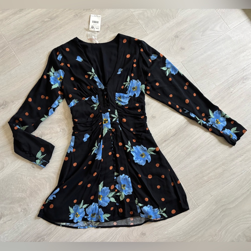 Black Floral & Polka Dot Long Sleeve V-Neck Dress